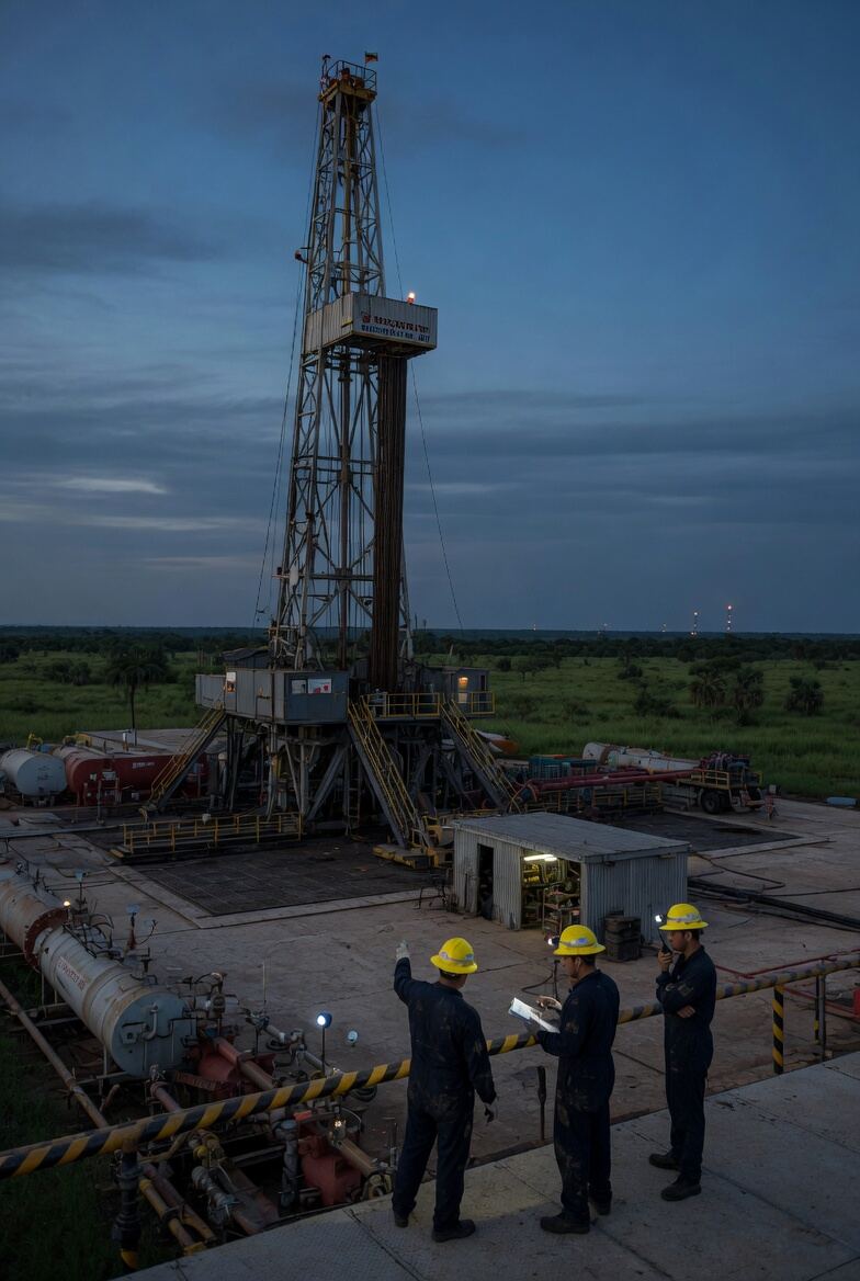 Operadores en torre de perforación al atardecer